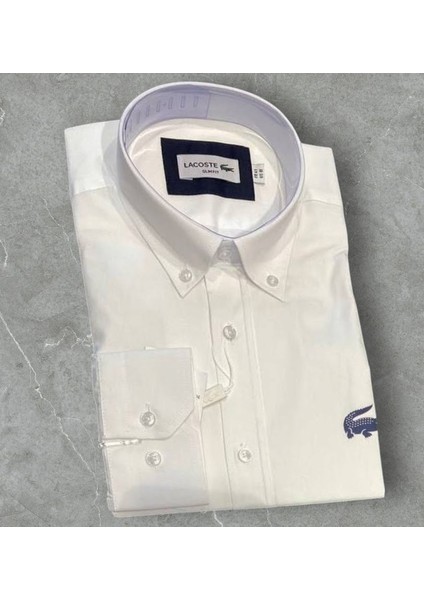 Erkek Slim Fit Düğmeli Yaka Beyaz Gömlek