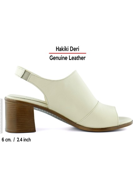 Emilia Bej Hakiki Deri Arkası Açık Lastik Bantlı Kalın Topuklu Rahat Günlük Sandalet