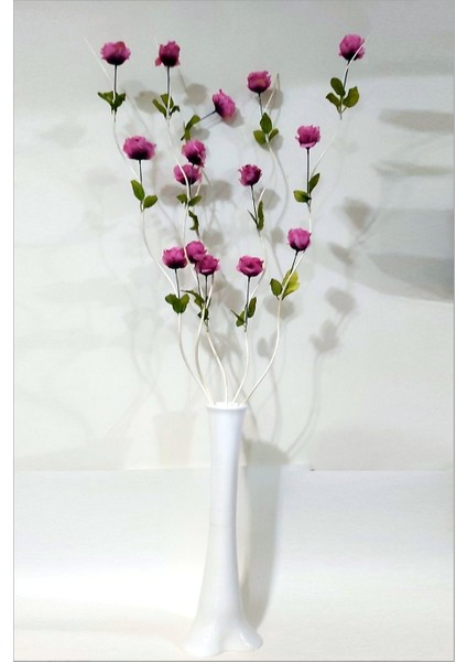 En Uzun 160 cm Pembe Güllü 6 Dalgalı Dal 60 cm Ince Belli Konik Filayağı Geniş Taban Düz Beyaz Vazo