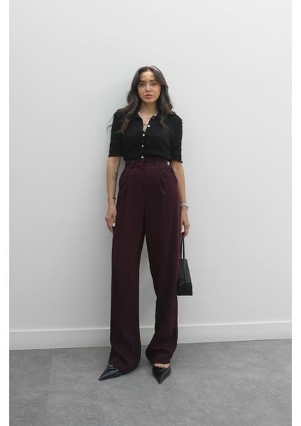 Mürdüm Dökümlü Palazzo Pantolon