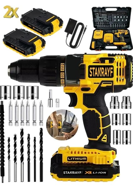 Alman E-Tech ST-348 /30 Çift Çelik Şanzıman Bakır Sargı Çift Akülü Şarjlı Vidalama Matkap Tam Prof