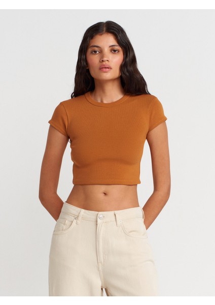 31810 Bisiklet Yaka Crop T-Shirt-A.kiremit modelleri