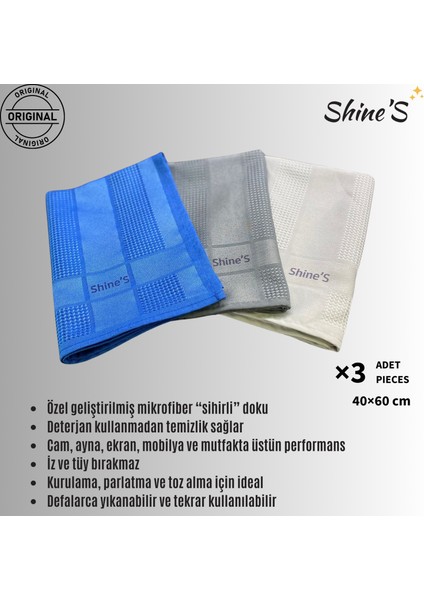 Shines 3'lü Mikrofiber Bez, Sihirli Bez, Ingiliz Bez 40X60CM