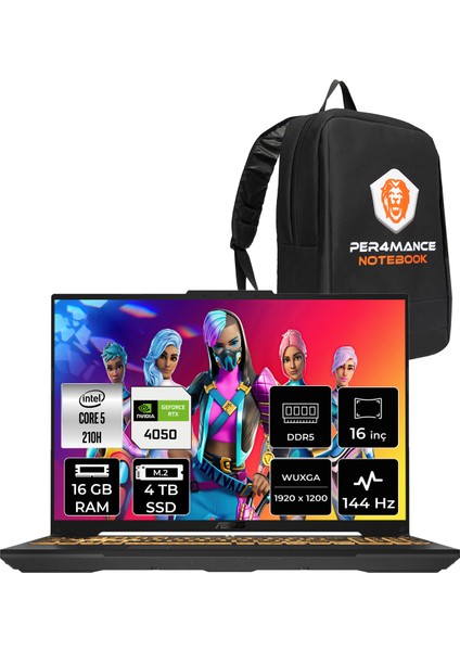 Tuf Gaming F16 Intel Core Ultra 5 210H 16GB 4tb SSD RTX4050/6GB 140W 16" Fhd+ 144Hz Fdos Taşınabilir Bilgisayar & Per4 Çanta FX607VURL145P310
