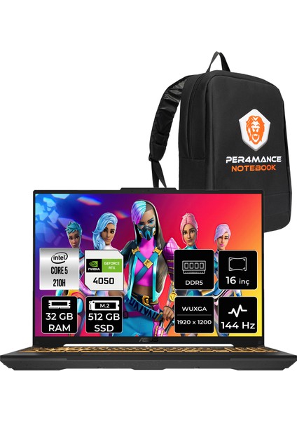 Tuf Gaming F16 Intel Core Ultra 5 210H 32GB 512GB SSD RTX4050/6GB 140W 16" Fhd+ 144Hz Fdos Taşınabilir Bilgisayar & Per4 Çanta FX607VURL145P317