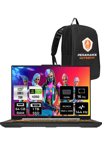 Tuf Gaming F16 Intel Core Ultra 5 210H 64GB 1tb SSD RTX4050/6GB 140W 16" Fhd+ 144Hz Fdos Taşınabilir Bilgisayar & Per4 Çanta FX607VURL145P333