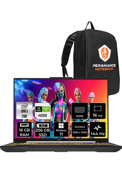 Tuf Gaming F16 Intel Core Ultra 5 210H 16GB 256GB SSD RTX4050/6GB 140W 16" Fhd+ 144Hz Windows 11 Home Taşınabilir Bilgisayar & Per4 Çanta FX607VURL145P346