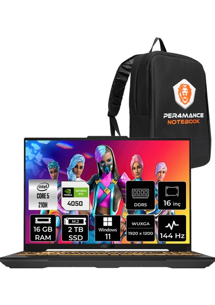 Tuf Gaming F16 Intel Core Ultra 5 210H 16GB 2tb SSD RTX4050/6GB 140W 16" Fhd+ 144HzWindows 11 Pro Taşınabilir Bilgisayar & Per4 Çanta FX607VURL145P389
