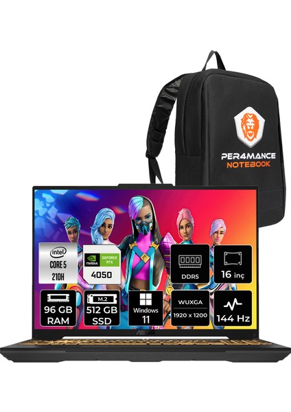 Tuf Gaming F16 Intel Core Ultra 5 210H 96GB 512GB SSD RTX4050/6GB 140W 16" Fhd+ 144HzWindows 11 Pro Taşınabilir Bilgisayar & Per4 Çanta FX607VURL145P417