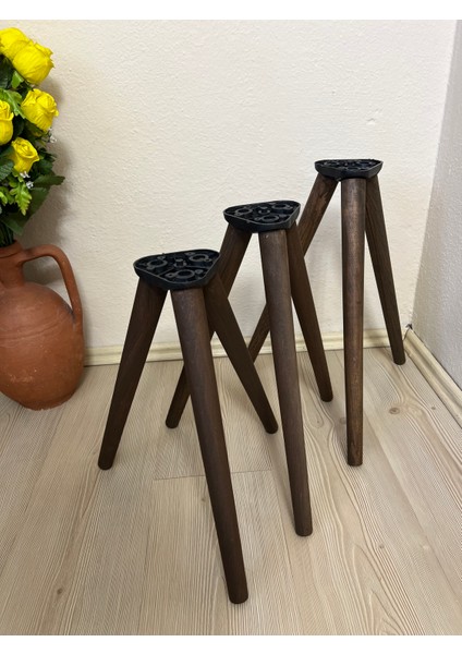 Ahşap Sehpa Ayağı 9’lu Set – Koyu Meşe Konik Ayak 38-41-44 cm Aparat ve Vidalar Dahil Mobilya Ayak Seti