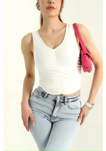 Ön Büzgülü V Yakalı Kalın Askı Crop Bluz