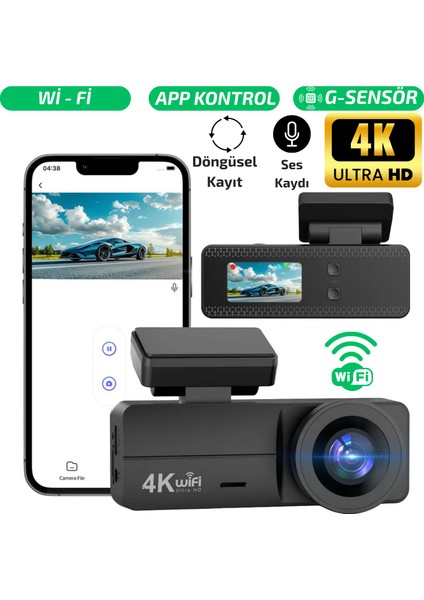 F8 4K UHD Araç Içi Kamera 128GB – Wi-Fi, Ir Gece Görüşü, App Kontrol Dashcam