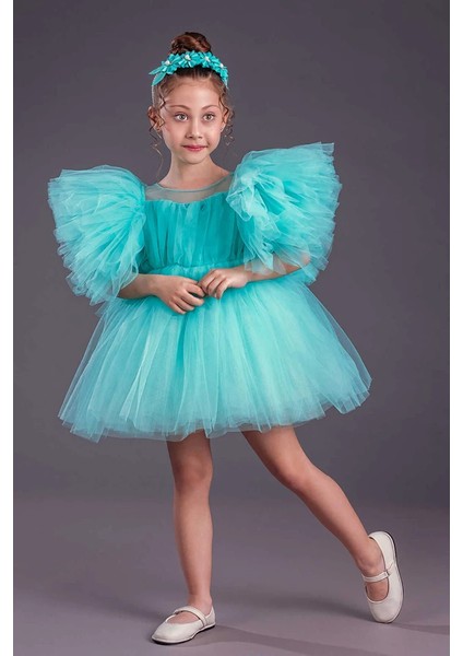 Kız Çocuk Abiye Elbise Inci Taçlı Tütü Etek Kabarık Kollu