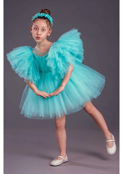 Kız Çocuk Abiye Elbise Inci Taçlı Tütü Etek Kabarık Kollu modelleri