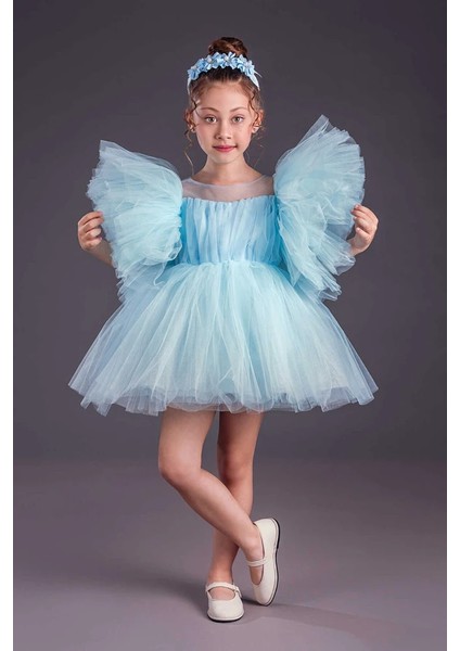 Kız Çocuk Abiye Elbise Inci Taçlı Tütü Etek Kabarık Kollu