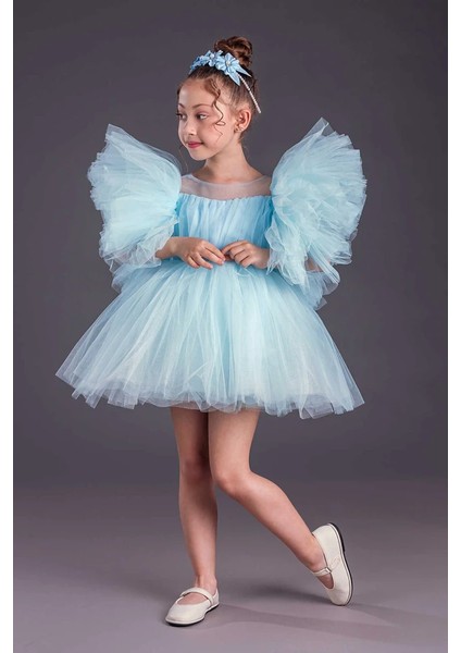 Kız Çocuk Abiye Elbise Inci Taçlı Tütü Etek Kabarık Kollu modelleri