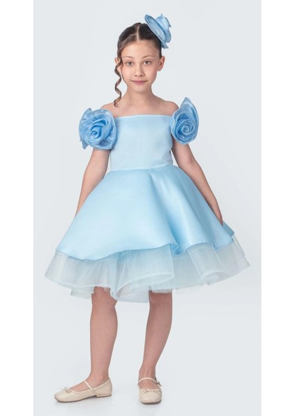 Kız Çocuk Abiye Elbise Gül Aksesuarlı Roze Slim Silüet Özel Günler İçin