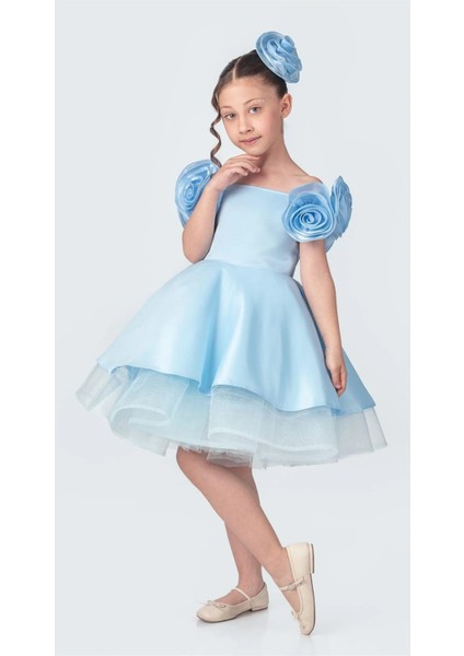 Kız Çocuk Abiye Elbise Gül Aksesuarlı Roze Slim Silüet Özel Günler İçin fiyatları