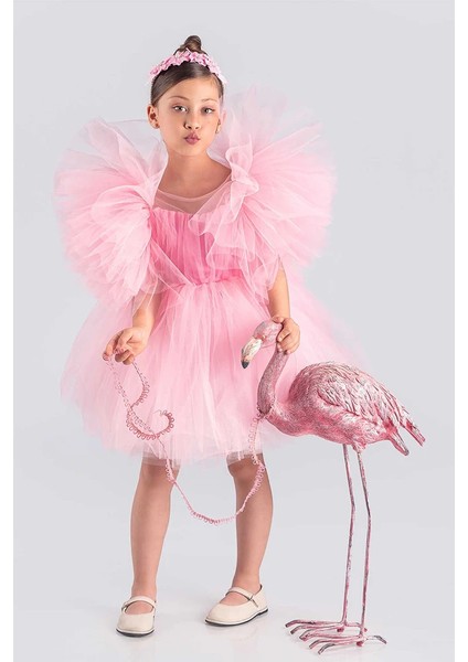 Kız Çocuk Abiye Elbise Inci Taçlı Tütü Etek Kabarık Kollu