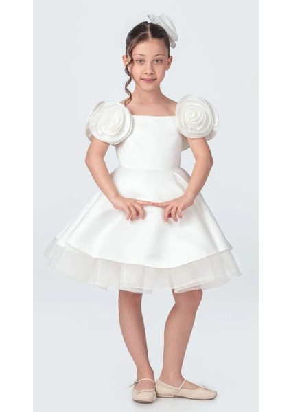 Gül Aksesuarlı Roze Kız Çocuk Abiye Elbise