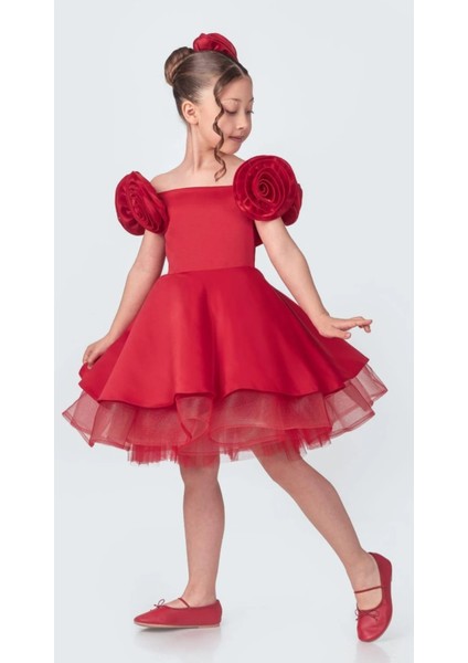 Gül Aksesuarlı Roze Kız Çocuk Abiye Elbise