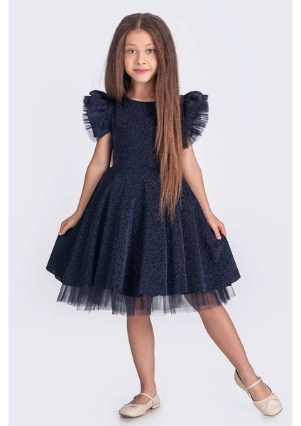 Kız Çocuk Abiye Elbise Tül Detaylı Simli