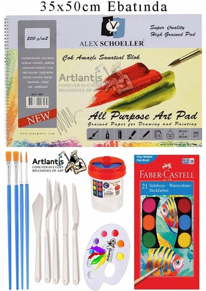 Alex Schoeller Çok Amaçlı Sanatsal Blok 35X50 200 gr 15 Yaprak Faber 21 Renk Sulu Boya Plastik Spatula Fırça