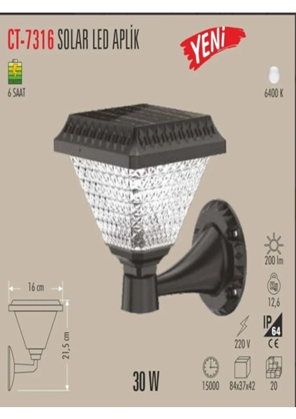 Ct 7316 Solar Duvar Armatür 30W 6400K Beyaz Işık