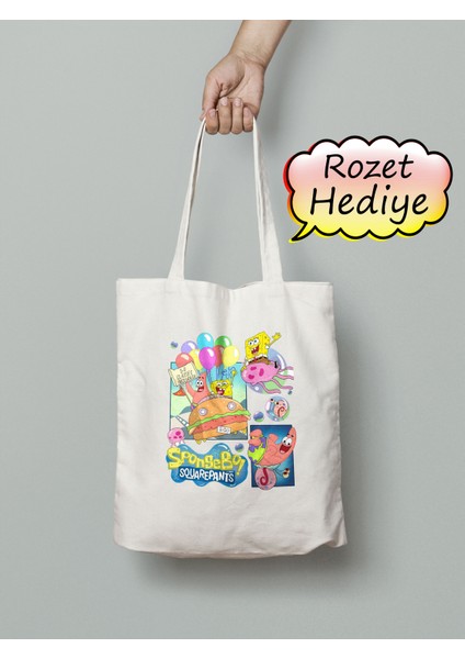 Sünger Bob Sponge Bob Bez Çanta 35X40CM - Rozet Hediyeli