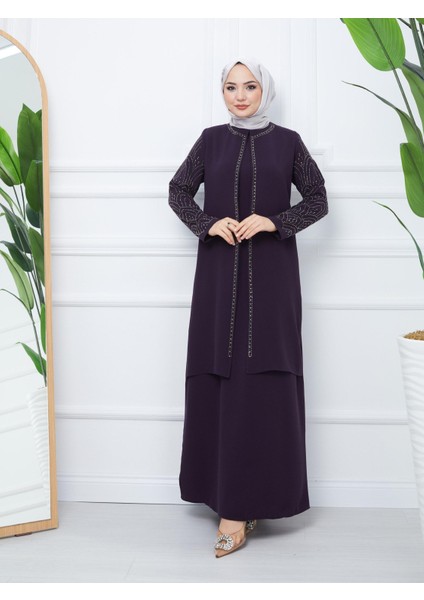 Kolu Taşlı Büyük Beden Anne Elbisesi