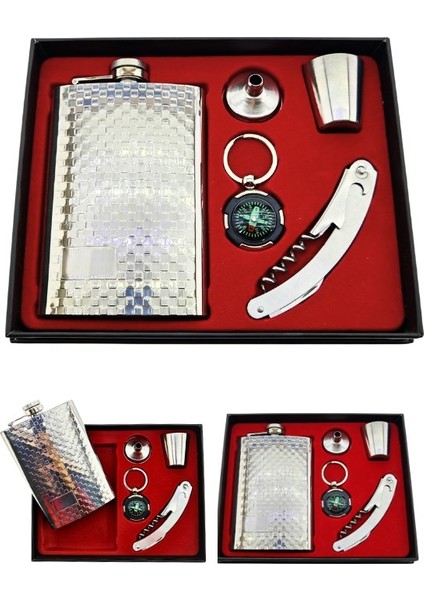 Çelik Matara Konyak Seti Kabartma Kareli Vip Çok Amaçlı Çakı ve Pusula Anahtarlıklı Içki Matara Seti