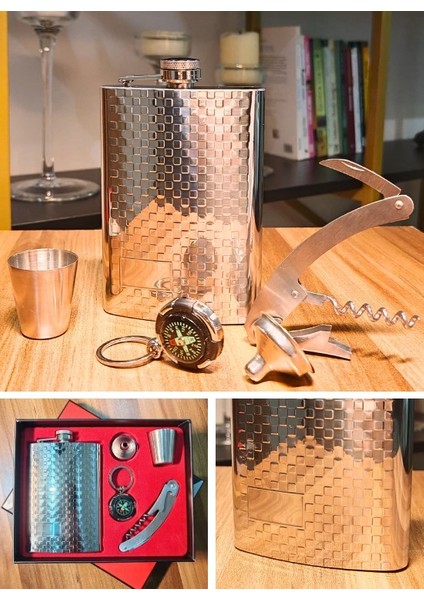 Çelik Matara Konyak Seti Kabartma Kareli Vip Çok Amaçlı Çakı ve Pusula Anahtarlıklı Içki Matara Seti modelleri