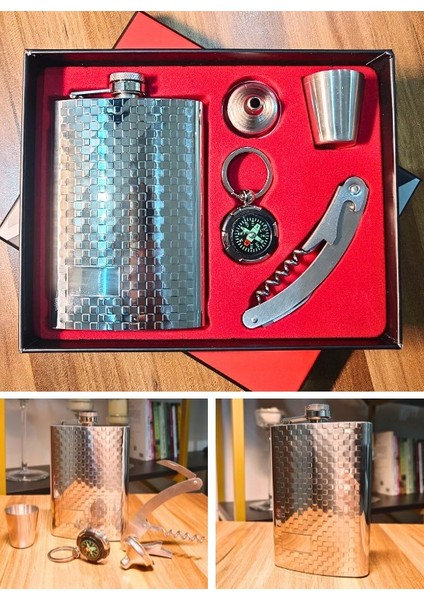 Çelik Matara Konyak Seti Kabartma Kareli Vip Çok Amaçlı Çakı ve Pusula Anahtarlıklı Içki Matara Seti fırsatları