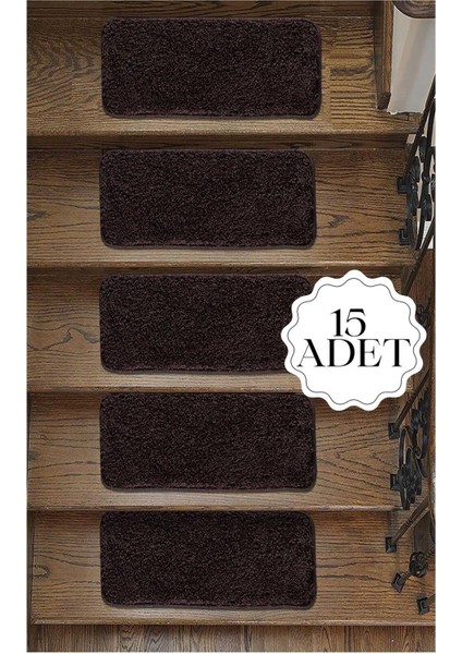 %100 Doğal Lateks Kaymaz Tabanlı Yıkanabilir 15 Adet Merdiven Halısı - Soft Shaggy 27X67 cm