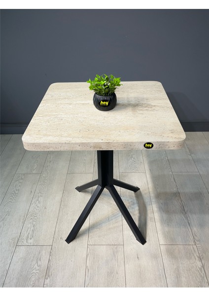 Zeren Traverten Kare Balkon Masası Mutfak Yemek Masası Siyah Ayak 60 cm