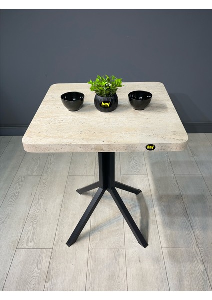 Zeren Traverten Kare Balkon Masası Mutfak Yemek Masası Siyah Ayak 60 cm fiyatları