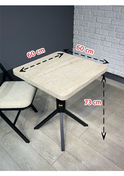 Zeren Traverten Kare Balkon Masası Mutfak Yemek Masası Siyah Ayak 60 cm modelleri