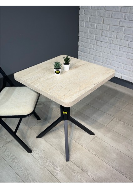 Zeren Traverten Kare Balkon Masası Mutfak Yemek Masası Siyah Ayak 60 cm indirimleri