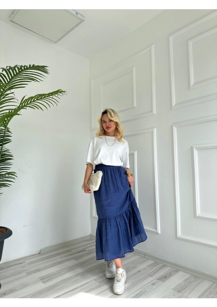 Kadın Lastikli Bel Detaylı Etek Indigo