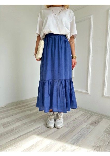 Kadın Lastikli Bel Detaylı Etek Indigo modelleri