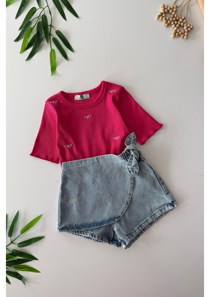 Fiyonk Taş Detaylı Kot Şortetekli Kız çocuk takım - Pembe