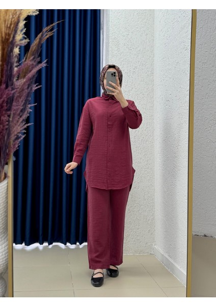 Idil Çilek Kumaş Mini Düğmeli Pantolonlu TAKIM-Zİ2186 Bordo