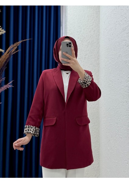 Nermin Kol Ucu ve Içi Leopar Desenli Çift Cepli CEKET-EL1495 Bordo