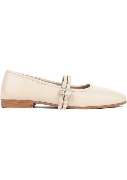 Kadın Bej Çift Bantlı Deri Babet