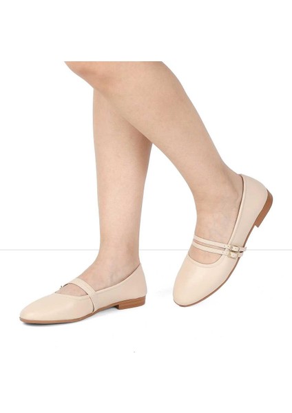 Kadın Bej Çift Bantlı Deri Babet fiyatları