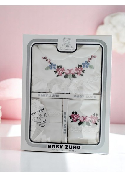 Baby Kids Yenidoğan Kız Bebek 5 Li Hastane Çıkışı Önlüklü Zıbın Takımı %100 Pamuk