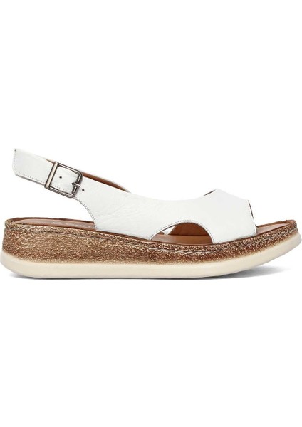 Kadın Beyaz Tokalı Dolgu Topuklu Deri Sandalet