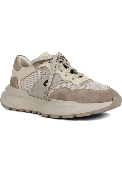 Kadın Bej Bağcıklı Kalın Tabanlı Süet Deri Sneaker