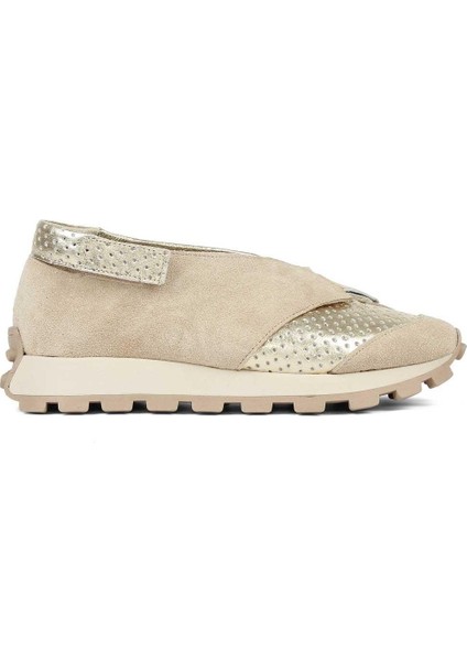 Kadın Bej Süet Altın Deri Sneaker