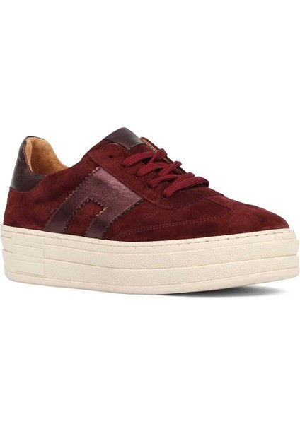Kadın Bordo Bağcıklı Kalın Tabanlı Süet Deri Sneaker modelleri